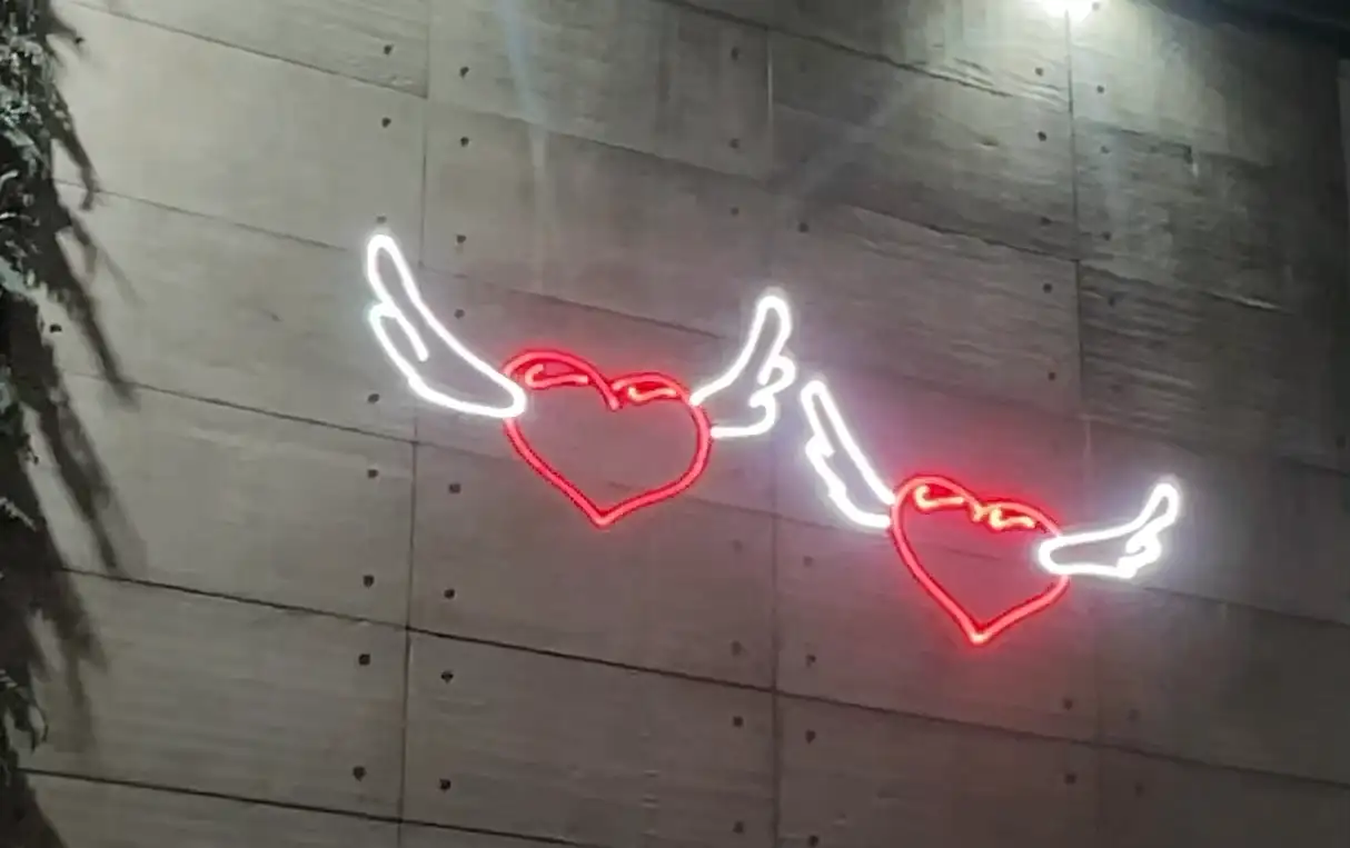 Projeção cênica de laser vermelho desenhando dois corações com asas brancas na parede